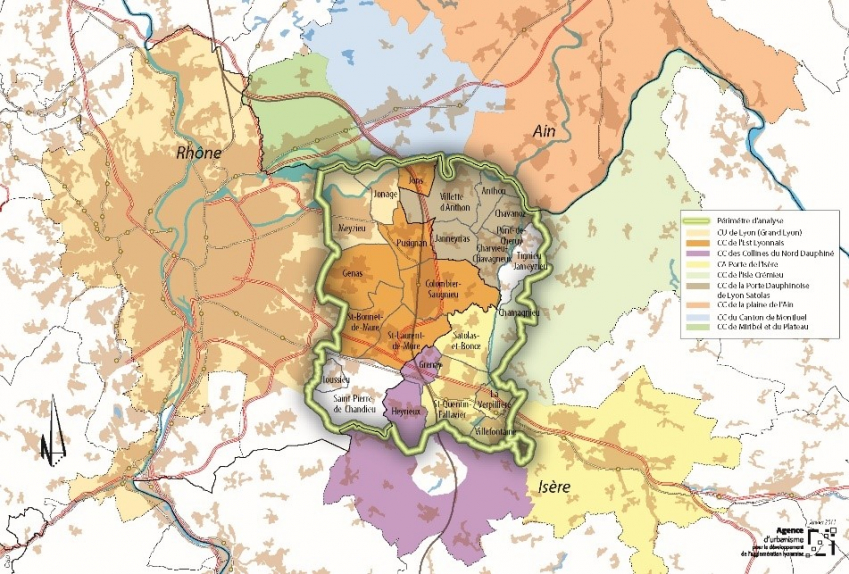 Carte de l'espace interdépartemental Lyon Saint Exupéry : le périmètre étudié inclut le communes de Meyzieu, Jonage, Jons Vilette d'Anthon, Anthon, Chavanoz, Pont-de-Chéruy, Chavrieu-Chavagneux, Tignieu-Jameyzieu, Chamagnieu, Pusignan, Janneyrias, Colombier-Saugnieu, St-Bonnet-de-Mure, Saint-Laurent-de Mure, Satolas-et-Bonce, Grenay, La Verpillière, Villefontaine, Saint-Quentin-Fallavier, Heyrieux, Saint-Pierre de Chandieu et Toussieu.