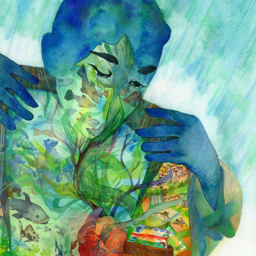 Illustration d'un personnage dans un monde marin