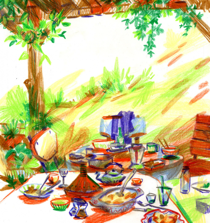 Illustration de trois tables remplies de repas et boissons de différentes origines ethniques (tajine, gratin, thé dans une théière japonaise, des baguettes dans un bol, etc.), deux tables rectangulaires et une table ronde, en arrière plan, un jardin (le repas est pris à l'extérieur), différents types de vaisselle, comme si tout le monde avait apporté sa propre vaisselle, différentes chaises, une veste sur la chaise centrale