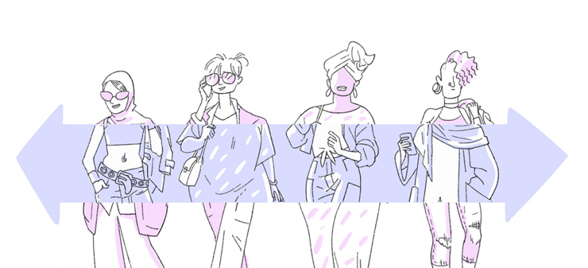 Illustration de quatre femmes en train de marcher avec de différents styles vestimentaires et une flèche qui traverse le milieu et qui fait échanger les styles