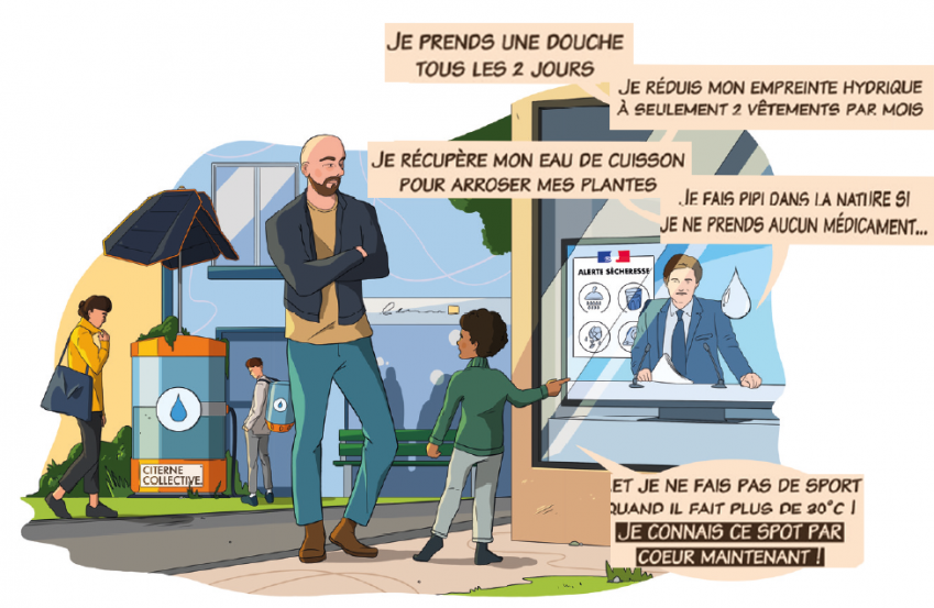 Illustration : en arrière plan des personnes qui marchent à côté d'une citerne collective d'eau avec des panneaux solaires dessus; en avant plan, une vitrine avec une télé sur laquelle un présentateur parle de l'alerte sécheresse en disant "Je prend une douche tous les 2 jours. Je réduis mon empreinte hydrique à seulement 2 vêtements par mois. Je récupère mon eau pour arroser mes plantes. Je fais pipi dans la nature si je ne prends aucun médicament...", un enfant dit à son père "Je ne fais pas de sport quand il pait plus de 30°! Je connais ce spot par cœur maintenant !"