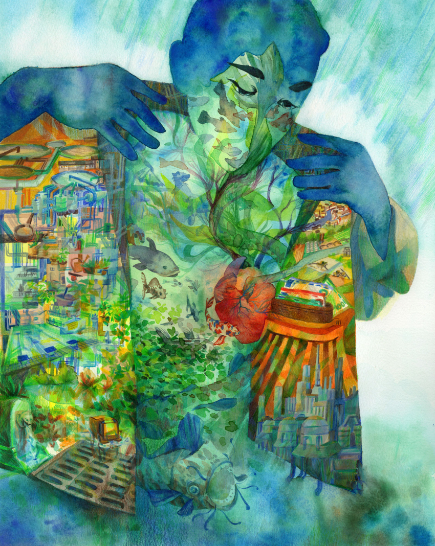 Illustration d'un personnage dans un monde marin