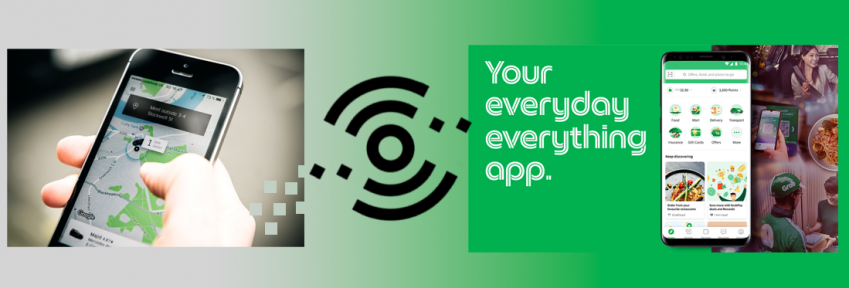 à gauche photo d'un portable montrant l'interface de l'application Uber pour une voiture qui est en train d'arriver; transition vers la droite avec le slogan de l'application Grab "Your everyday everything app."