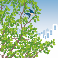 Illustration du feuillage d'un arbre dans lequel habite un oiseau sur fond de paysage urbain