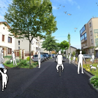 Photographie d'une rue végétalisée avec illustration de personnage profitant du cadre de vie pour faire du vélo, promener leurs chiens, se balader, etc. 