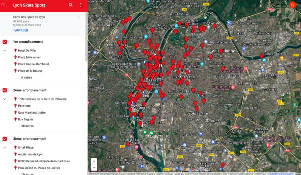 Capture d'écran du site Lyon skate spots avec une carte street view de Google sur laquelle sont marqués tous les spots de skate, dont la majorité se trouvent sur la Presqu'île de Lyon, quelques uns dans le 3e, 9e et 7e arrondissements de Lyon; à gauche, tri des spots par arrondissement